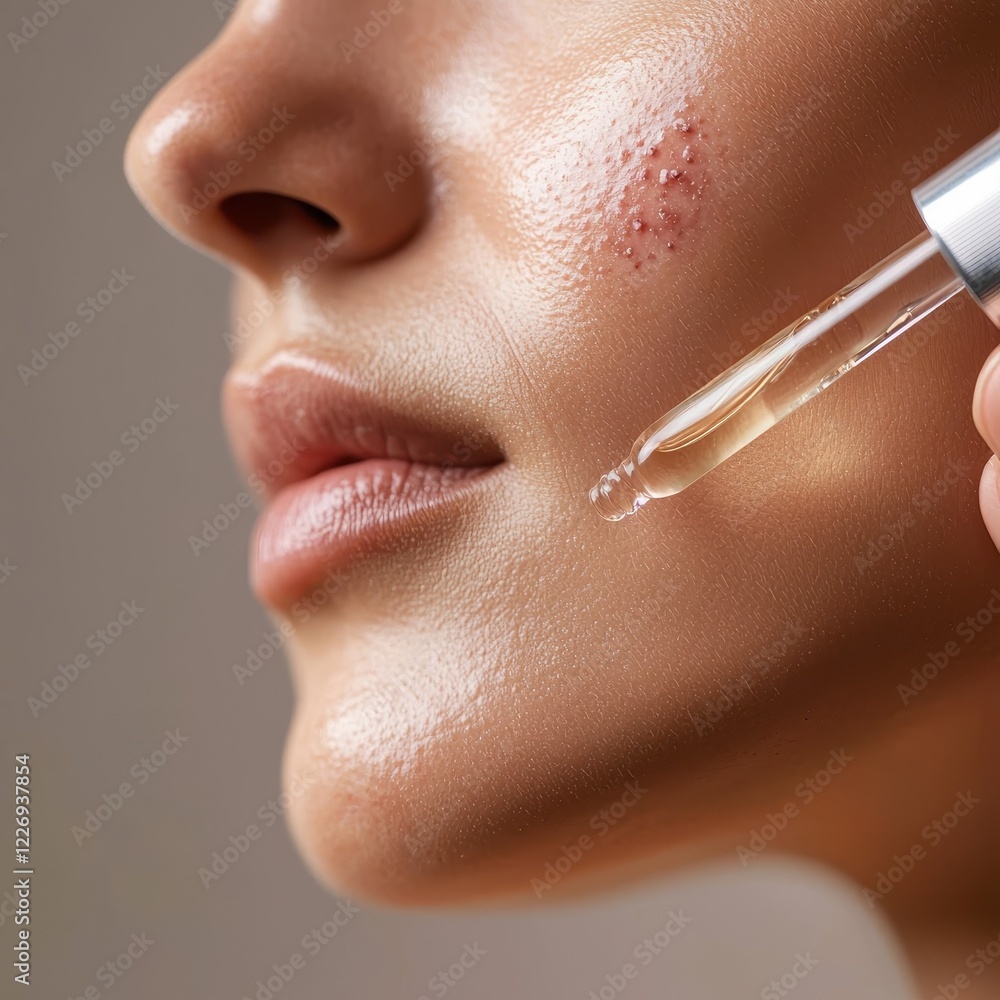 Obraz premium A close-up view of a woman's face applying a serum, highlighting skin imperfections and the use of a dropper for skincare.