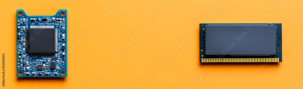 Orange background, computer chip, RAM, tech comparison Orange background, computer chip, RAM, tech comparison