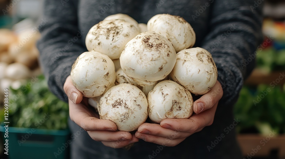 Fresh mushrooms held in hands at farmer's market Fresh mushrooms held in hands at farmer's market