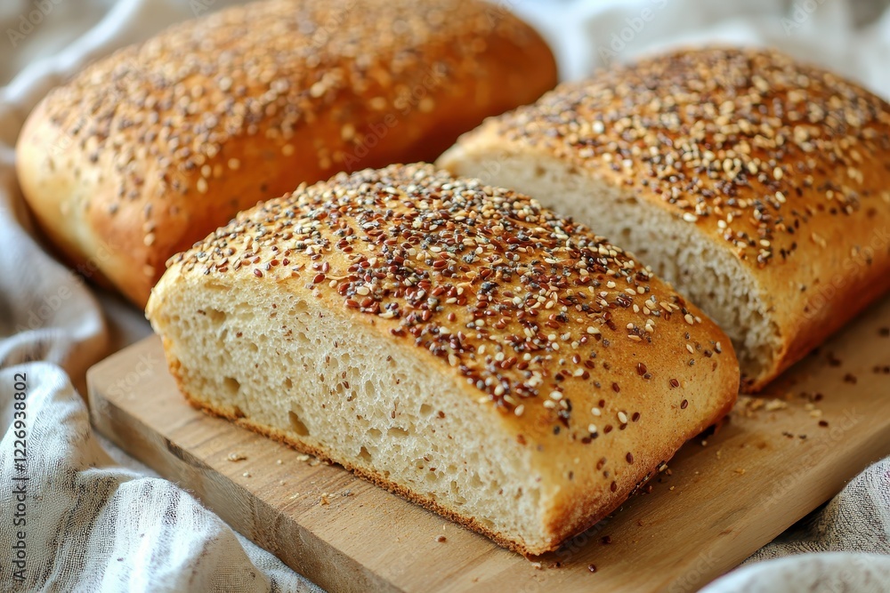 Artisan seed bread sliced, kitchen, rustic cloth, baking Artisan seed bread sliced, kitchen, rustic cloth, baking
