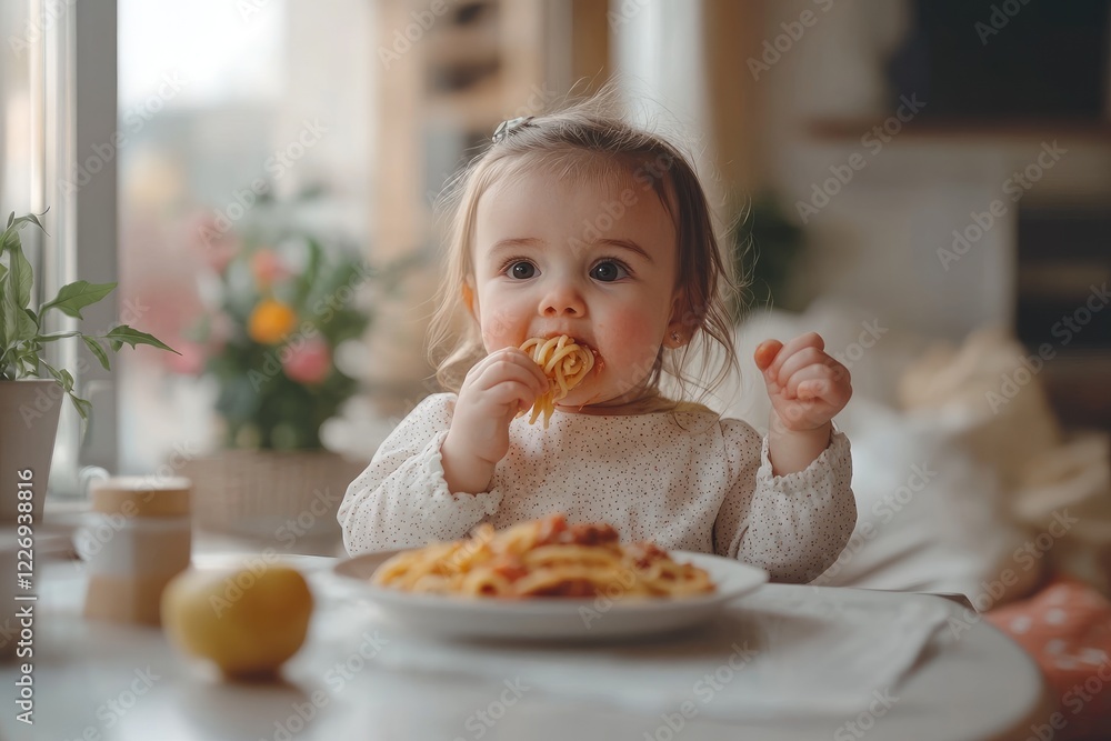 Baby girl happily eating spaghetti with tomato sauce at a table Baby girl happily eating spaghetti with tomato sauce at a table