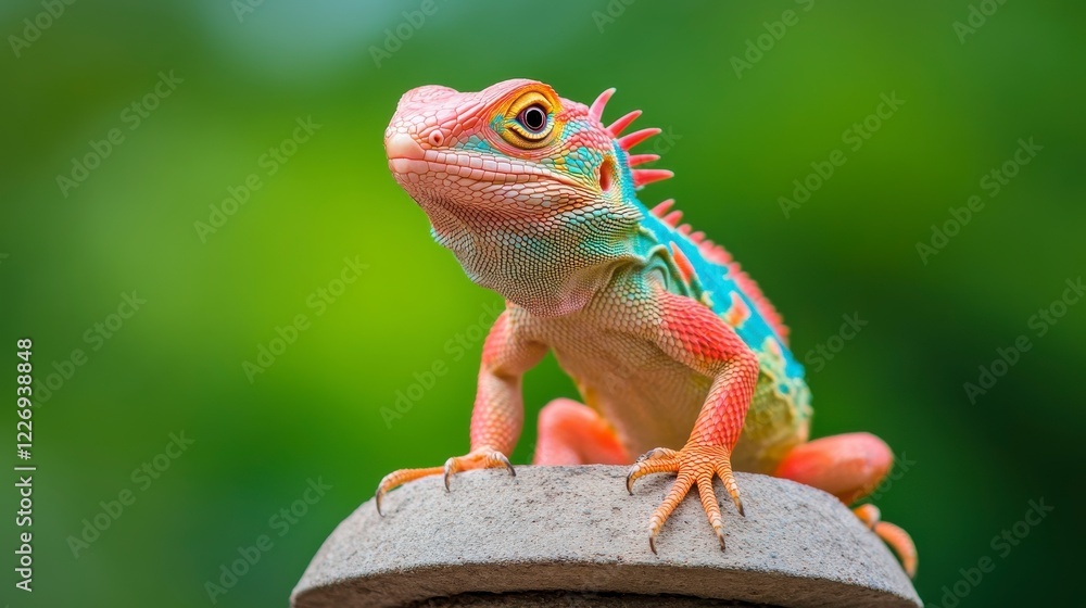 Fototapeta premium Colorful Lizard in Natural Habitat with Green Background