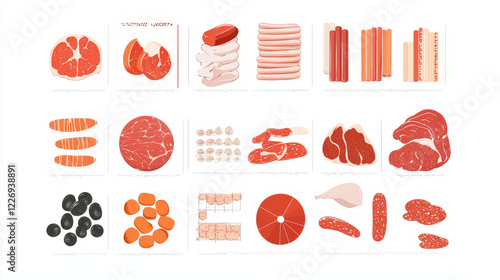 Meat products infographics. Vector charts and diagrams design elements on brisket and sausages consumption, meat types and purchase market map or price growth, percent shares of salami and cervelat photo