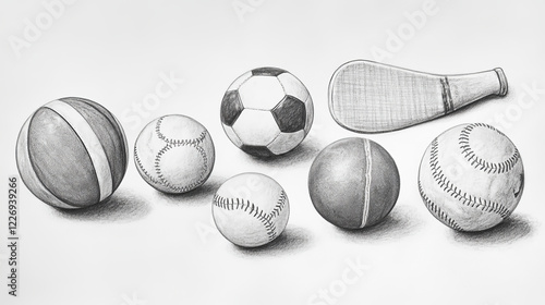 Sports balls and ice hockey puck sketches with american football and soccer, ice hockey and basketball, baseball and volleyball, bowling and tennis balls. Sport team or competition design usage photo