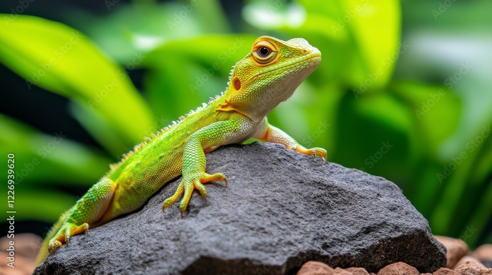 Fototapeta premium Green Lizard Resting on Rock Surrounded by Green Foliage