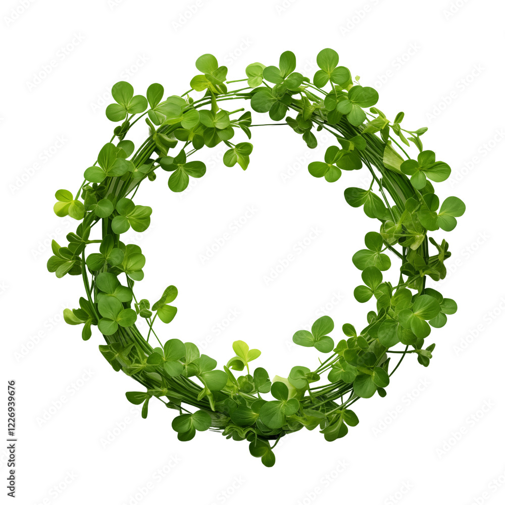 A circular wreath made of fresh green clovers A circular wreath made of fresh green clovers