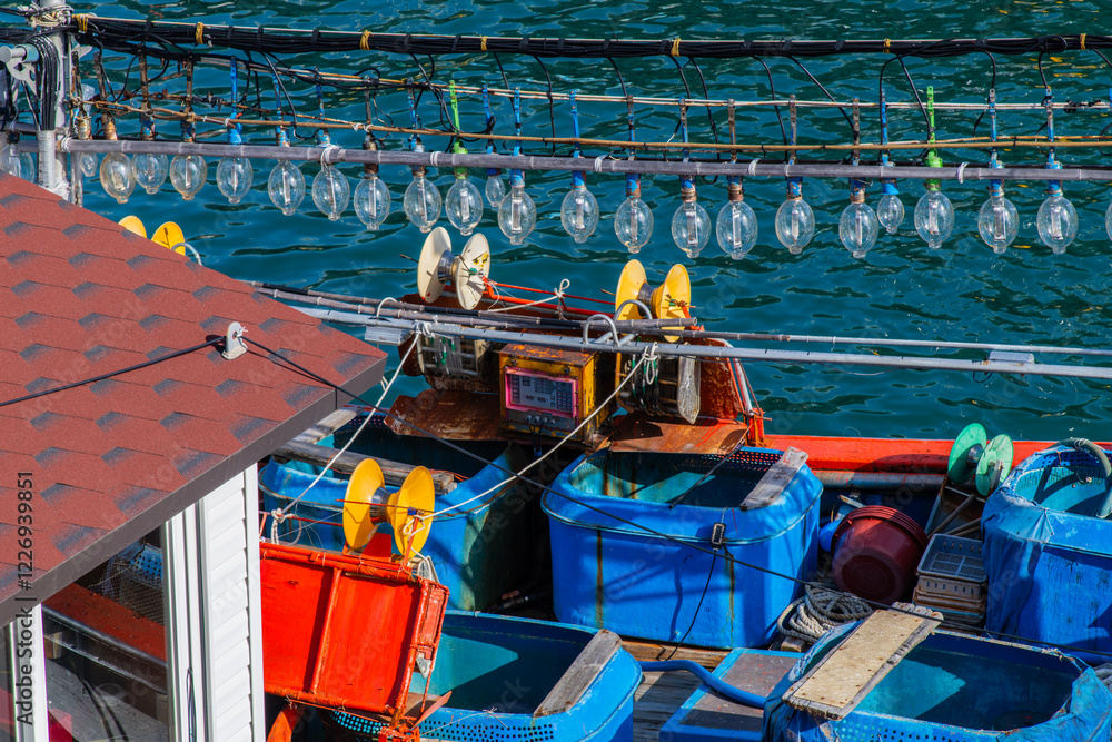 high-angle view of the squid fishing boat at the seaside