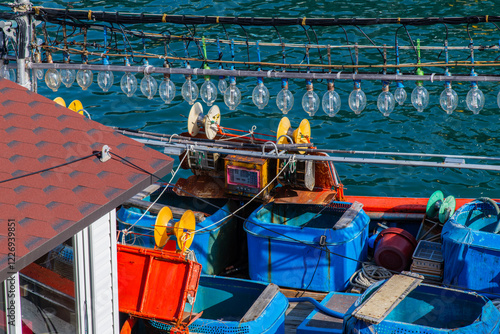 Obraz na płótnie high-angle view of the squid fishing boat at the seaside w salonie