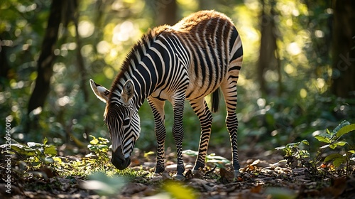 Zebra duiker grazing a serene rainforest clearing its striped coat blending beautifully with the dappled light filtering through the dense canopy photo