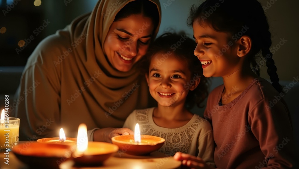 Woman and two children are sitting in front of cake with lit candles Woman and two children are sitting in front of cake with lit candles