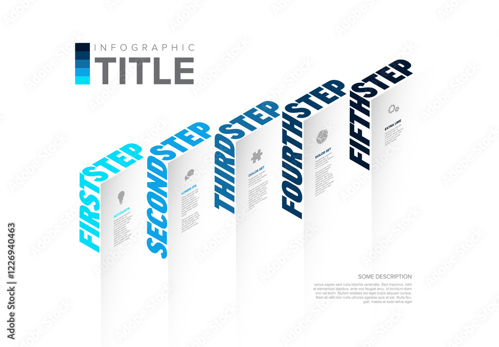 Five Blue Step Infographic Design Template with big Text on the edge
