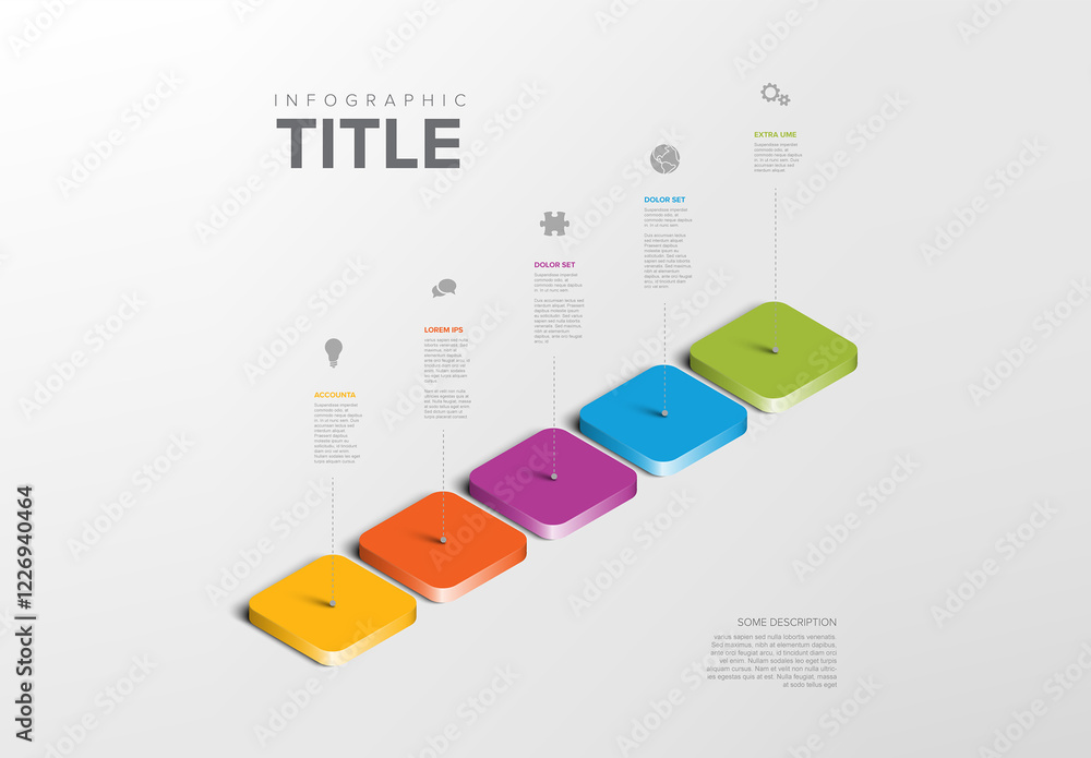 3D step infographic with colorful sequential step blocks highlights key concepts