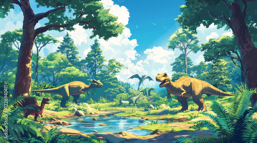 Prehistoric dinosaurs kids park. Vector background with cartoon dino characters roam a vibrant landscape with lush ferns, towering trees and clear pond. Playful animals at the ancient Jurassic world photo