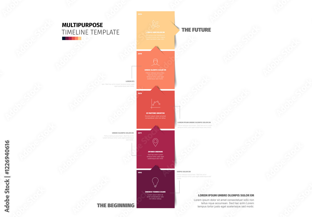 Timeline template made from five red vertical content boxes with arrows