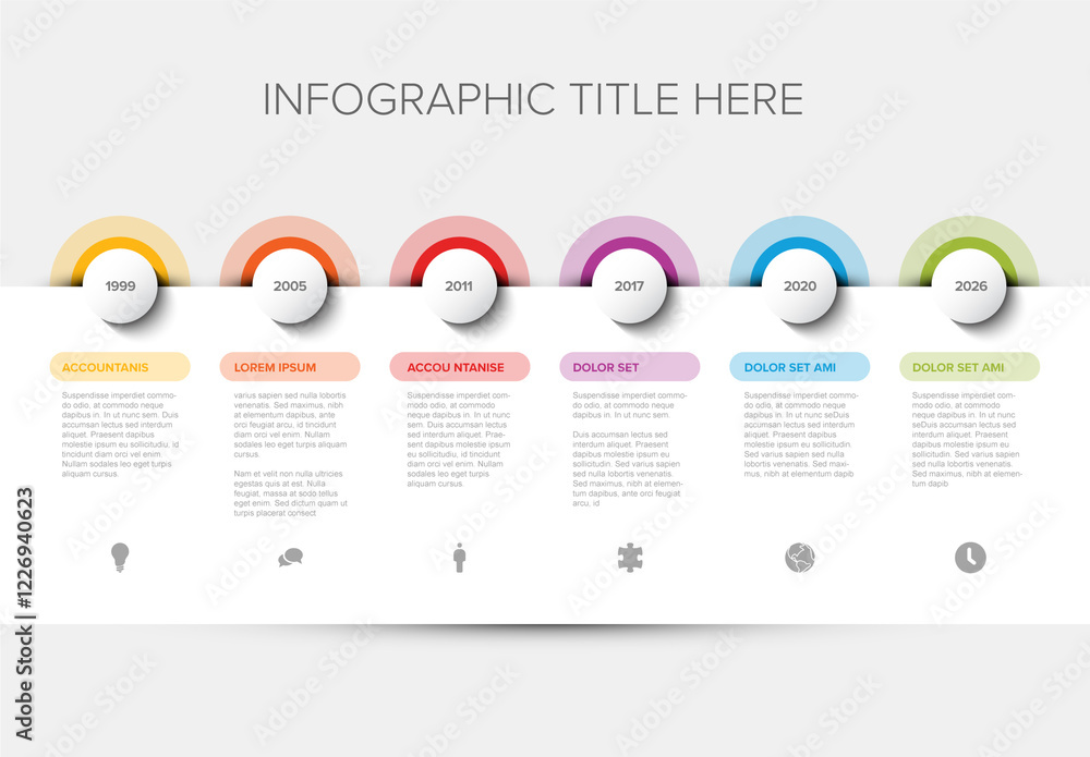 Timeline Infographic with Colored Milestones on big light buttons with icons