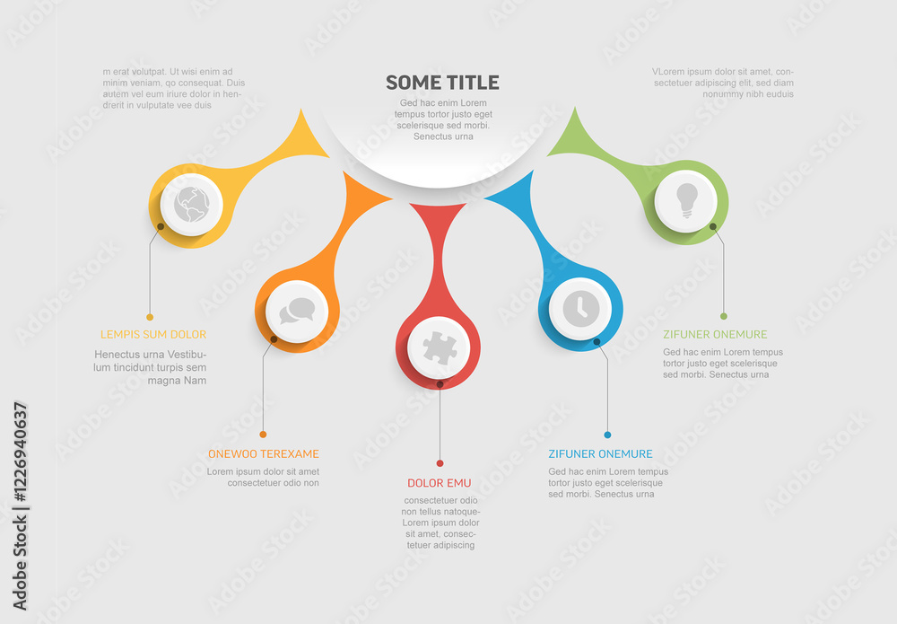 Colorful Infographic with Icons and five Text Blocks with icons