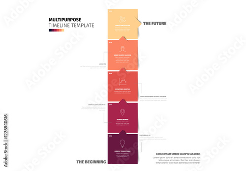Timeline template made from five red vertical content boxes with arrows