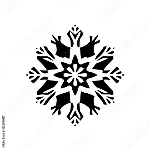 Black and White Snowflake Mandala: Geometric Winter Design. Perfect for Holiday Decoration, Graphic Design, and Festive Backgrounds.