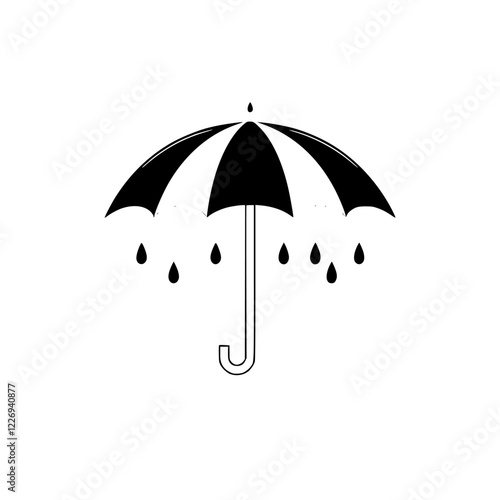 Black and white umbrella graphic design. Simple minimal vector illustration. Rain drops, protection, shelter, weather icon. Ideal for website, print, and social media.