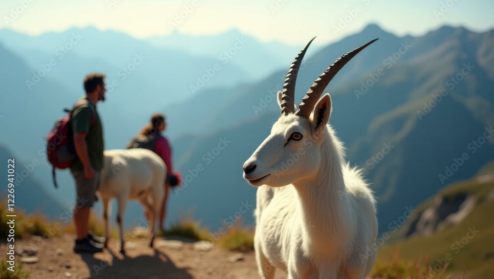 Obraz premium Goats are walking up mountain side with people in background