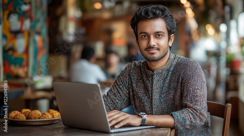 Indian Man in Traditional Attire Using Laptop in Cozy Cafe photo