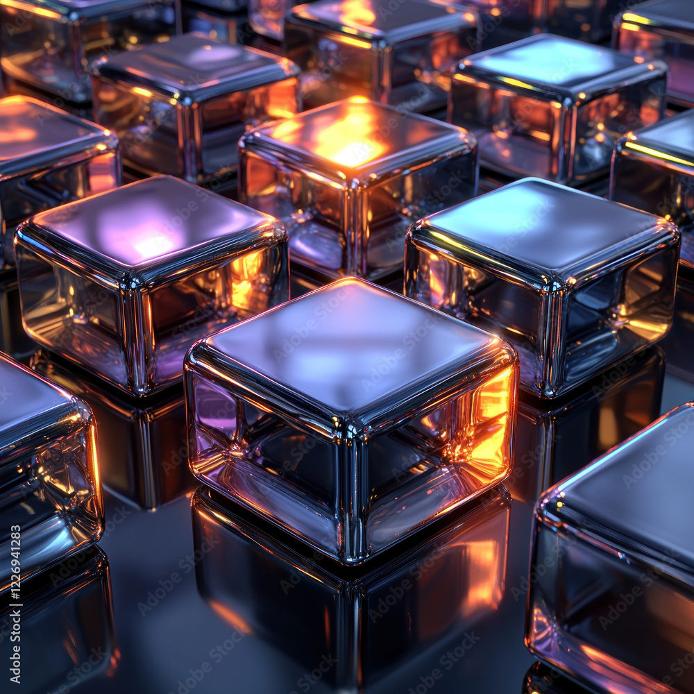 Glowing metallic cubes on reflective surface, abstract background, ideal for tech or design projects Glowing metallic cubes on reflective surface, abstract background, ideal for tech or design projects