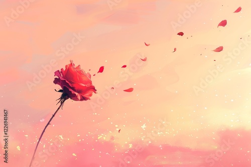 Rosa rossa solitaria che si dissolve in una nuvola di petali sospesi nell'aria, su uno sfondo sfumato rosa