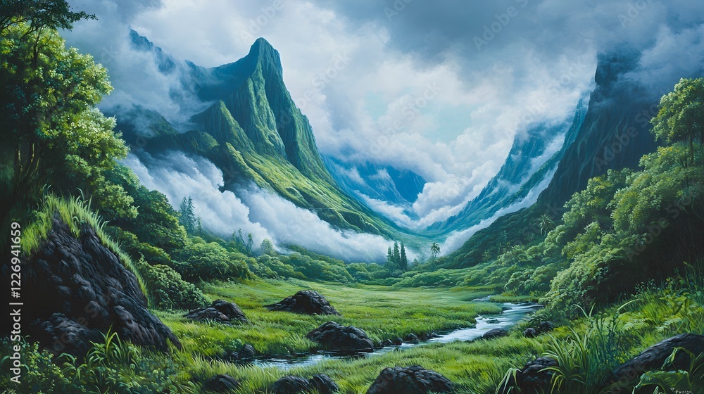 Obraz premium Vibrant landscape with lush mountains, serene river flowing through greenery, ideal for nature-themed projects or relaxation.