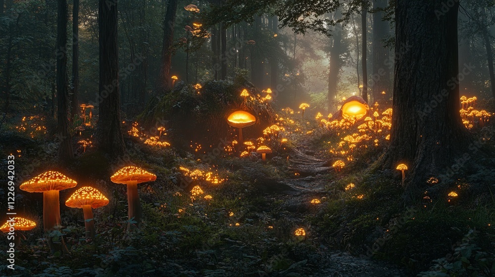 A magical forest with glowing mushrooms and mystical creatures. picture A magical forest with glowing mushrooms and mystical creatures. picture