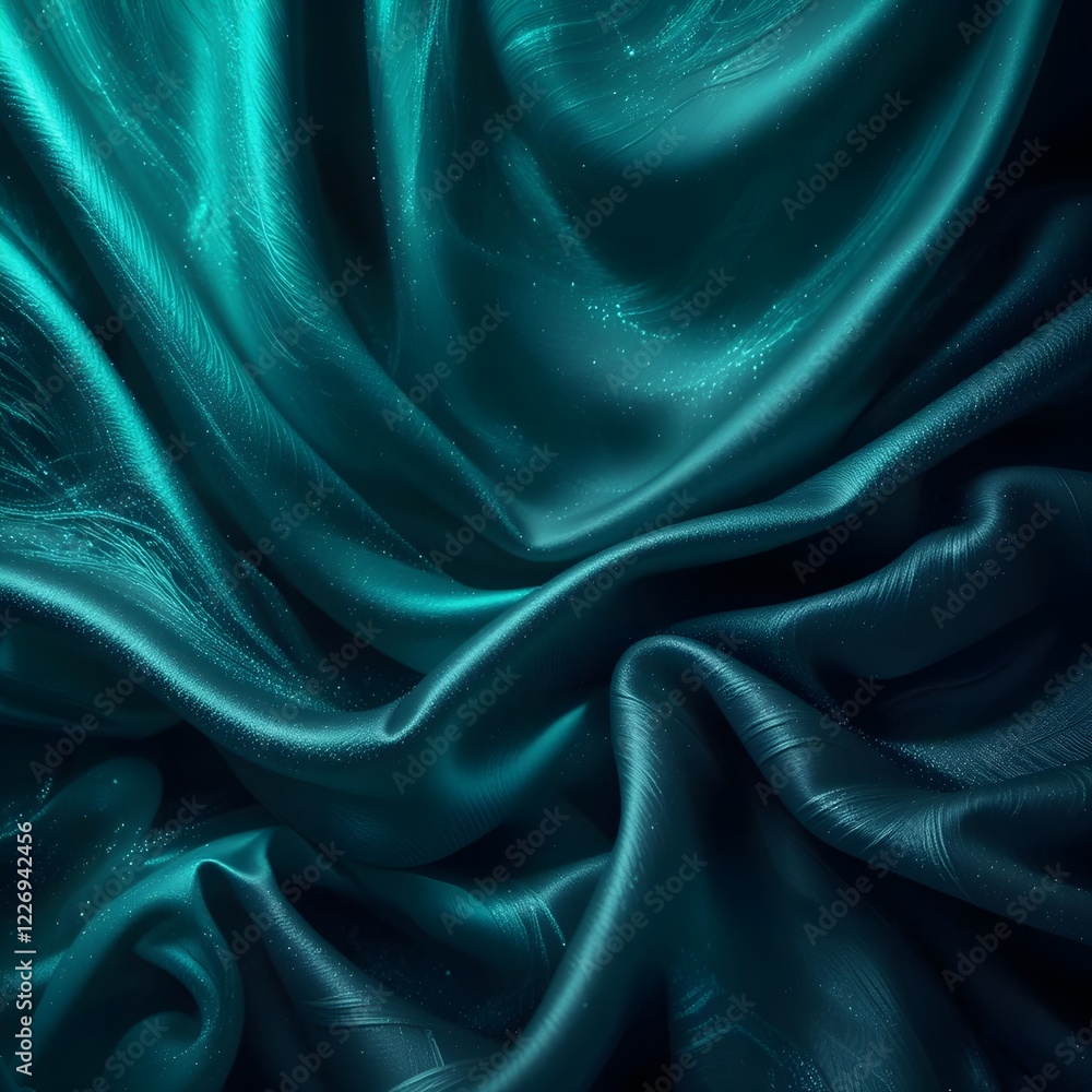 Obraz premium Armonioso fondo degradado verde azulado y esmeralda. Tejido de raso de seda. Efecto brillo brillante. Patrones abstractos de ondas y rayas. Sutil juego de sombras. cortinas elegantes