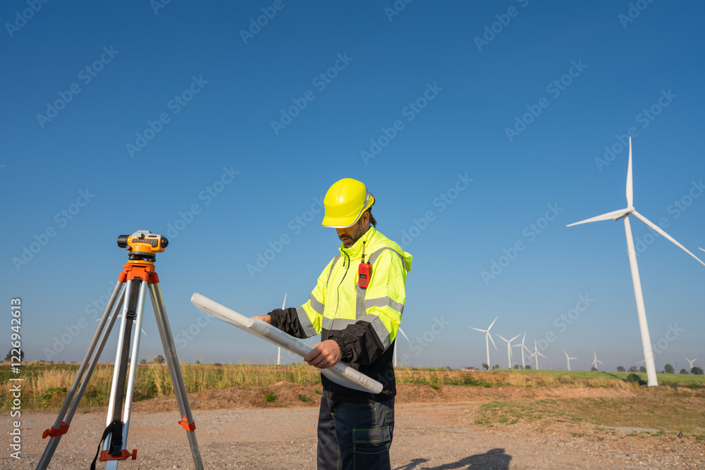 custom made wallpaper toronto digitalEngineer wearing uniform inspection and survey work in wind turbine farms rotation to generate electricity energy. Maintenance engineer working in wind turbine farm at sunset.