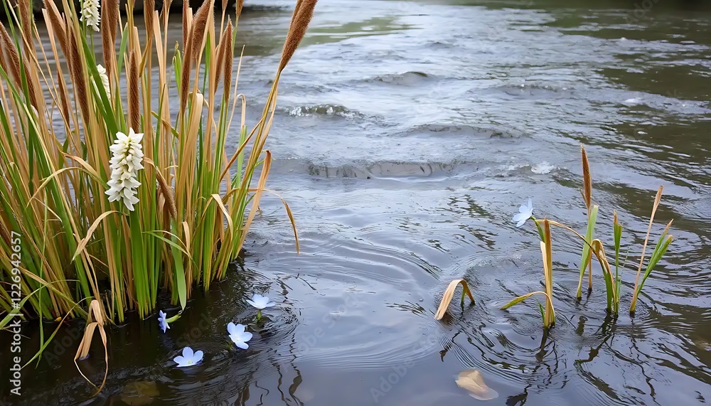 Aquatic Plants and Delicate Blue Flowers Float Gently on Water Aquatic Plants and Delicate Blue Flowers Float Gently on Water