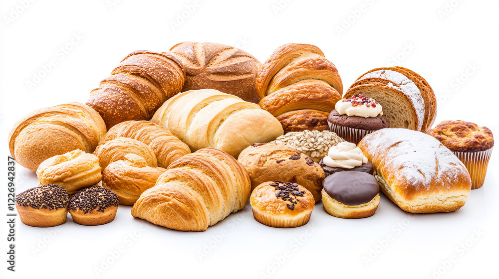 Baker with bread and pastries, bakery shop menu vector design. Croissant, baguette and wheat bun, cake, cupcake and muffin, donut, cookie and pie, pancake, gingerbread and jelly candy with pastry chef Baker with bread and pastries, bakery shop menu vector design. Croissant, baguette and wheat bun, cake, cupcake and muffin, donut, cookie and pie, pancake, gingerbread and jelly candy with pastry chef