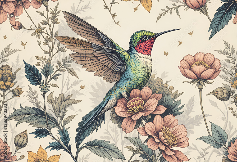 Obraz premium A hummingbird hovering over flowers is a bright and detailed composition reflecting the beauty of nature.