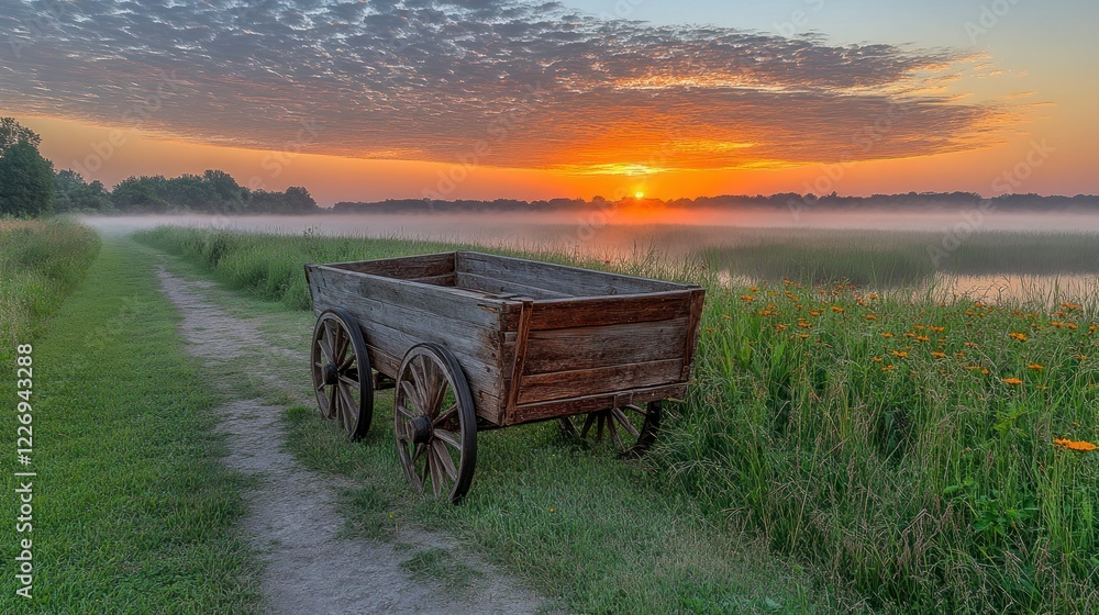 Fototapeta premium Rustic wagon sunrise, misty field, calm lake