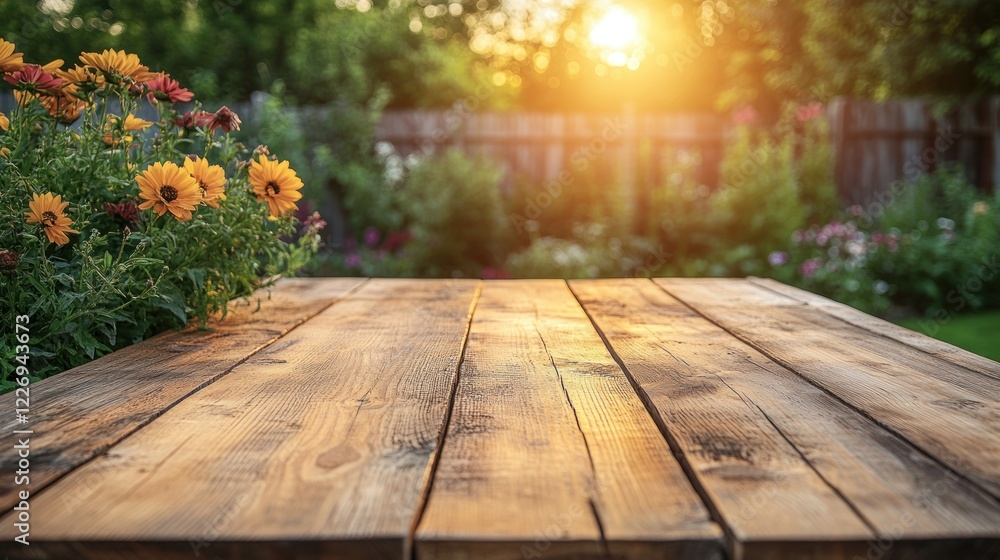 Rustic wooden table, sunset garden, flowers, display Rustic wooden table, sunset garden, flowers, display