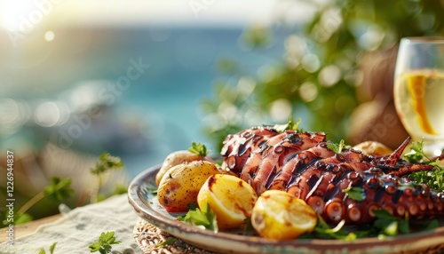 Un intero polpo alla griglia con patate novelle al forno, prezzemolo fresco e salsa al limone, servito su un piatto rustico in ceramica, su uno sfondo del mare photo