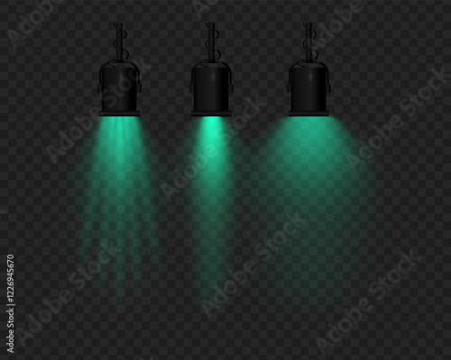 Realistic vector hanging lamps with green light on a transparent background. Black metal body, suspended structure, soft lighting, beam effect, stage projector, glowing reflection.