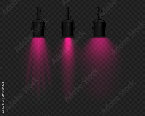 Realistic vector hanging lamps with purple light on a transparent background. Black metal body, suspended structure, soft lighting, beam effect, stage projector, glowing reflection.