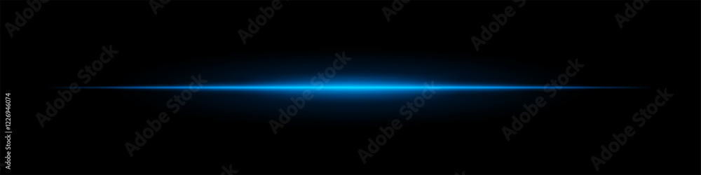 Fototapeta premium Horizontal light flare with cold glow on a black background. Blue energy beam with smooth gradient effect, cinematic lens reflection, futuristic shine.