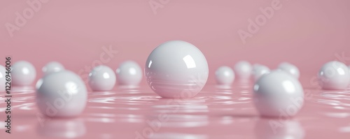 A serene arrangement of glossy white spheres on a soft pink surface, creating a calming and minimalist aesthetic. photo