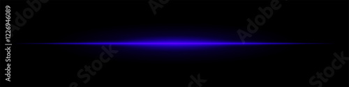 Horizontal light flare with cold glow on a black background. Blue energy beam with smooth gradient effect, cinematic lens reflection, futuristic shine.