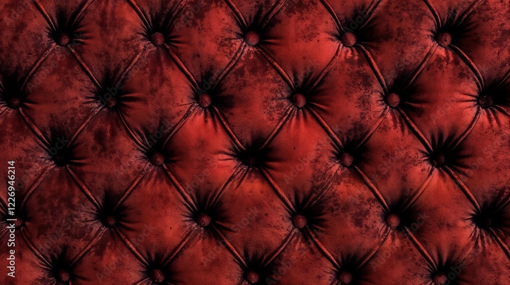 Fototapeta premium Velvet red fabric texture with diamond stitching, buttons, luxurious shadows creating depth, richness. Interior design, luxury fabric, upscale décor.Opulence. Elegance. Comfort.