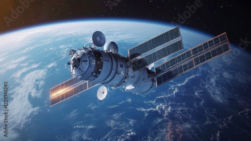 Fototapeta Naklejka Na Ścianę i Meble -  A futuristic space station orbiting Earth with solar arrays and advanced docking systems