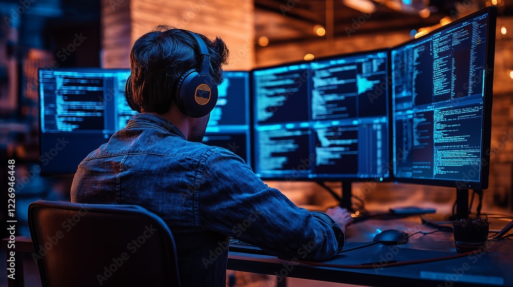 Focused Software Engineer Coding in Neon-Lit Tech Environment Focused Software Engineer Coding in Neon-Lit Tech Environment