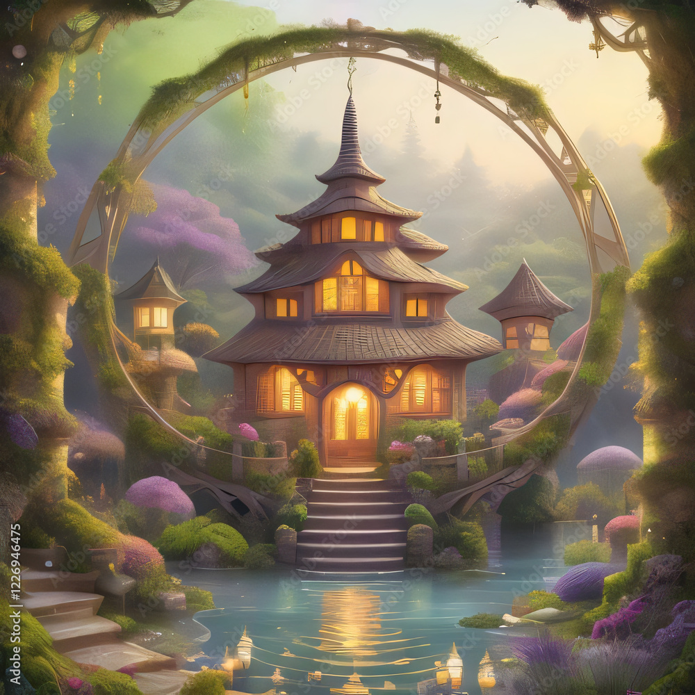 Obraz premium Traditional Asian pavilion and temple at night with ancient architecture and a peaceful garden setting