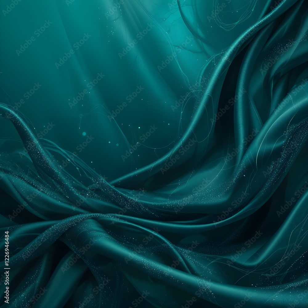 Fototapeta premium Fondo degradado verde azulado oscuro satinado de seda brillante. Acentos esmeralda. Efecto brillo. Patrones abstractos de ondas y líneas. Sutil juego de sombras. cortinas elegantes