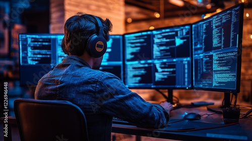 Focused Software Engineer Coding in Neon-Lit Tech Environment photo