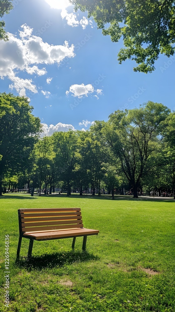 A clear, sunny day in a quiet park with lush green grass and an empty bench A clear, sunny day in a quiet park with lush green grass and an empty bench