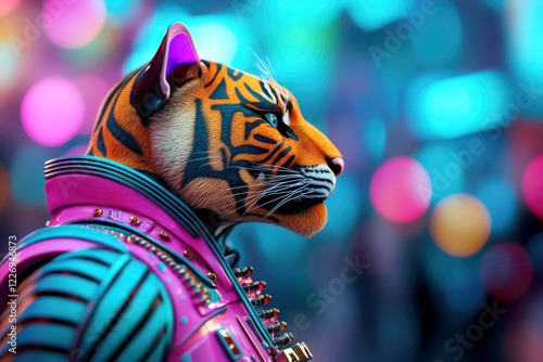 A futuristic tiger with vibrant colors and stylish outfit. photo